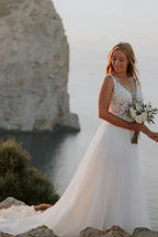 Modest Straps Sleeveless Column Floor-Length Tulle Wedding Dresses with Appliques by misshow.com