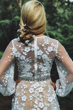 Modest V-neck White Lace Long Sleeves Wedding Dress with Beading WD330 by pgmdress