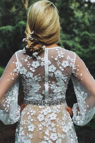 Modest V-neck White Lace Long Sleeves Wedding Dress with Beading  WD330