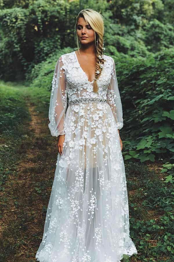 Modest V-neck White Lace Long Sleeves Wedding Dress with Beading WD330 by pgmdress