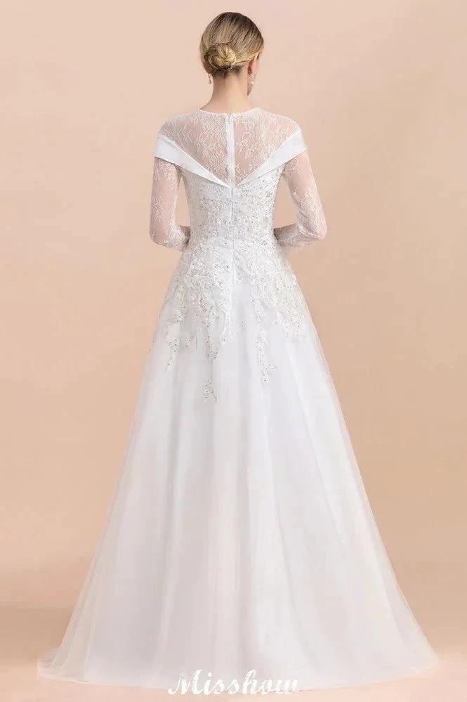 Modest White Beaded Appliques Wedding Dress Long Sleeve Floor Length Ball Gown by misshow.com