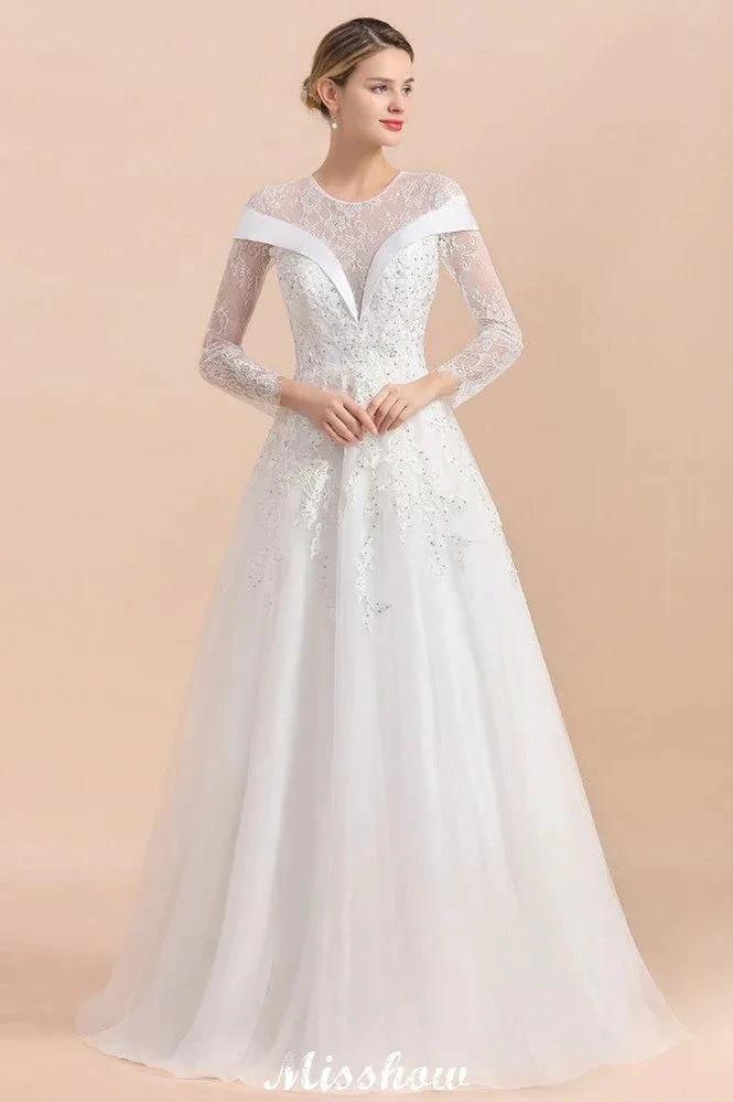 Modest White Beaded Appliques Wedding Dress Long Sleeve Floor Length Ball Gown by misshow.com