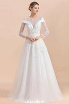 Modest White Beaded Appliques Wedding Dress Long Sleeve Floor Length Ball Gown by misshow.com