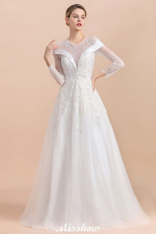 Modest White Beaded Appliques Wedding Dress Long Sleeve Floor Length Ball Gown