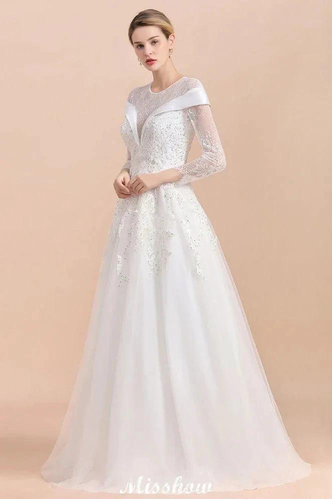 Modest White Beaded Appliques Wedding Dress Long Sleeve Floor Length Ball Gown by misshow.com