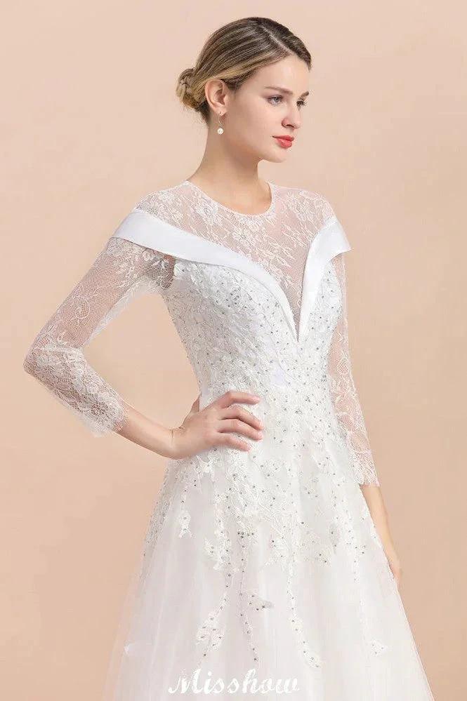 Modest White Beaded Appliques Wedding Dress Long Sleeve Floor Length Ball Gown by misshow.com