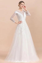 Modest White Beaded Appliques Wedding Dress Long Sleeve Floor Length Ball Gown by misshow.com