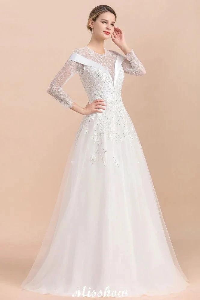 Modest White Beaded Appliques Wedding Dress Long Sleeve Floor Length Ball Gown by misshow.com