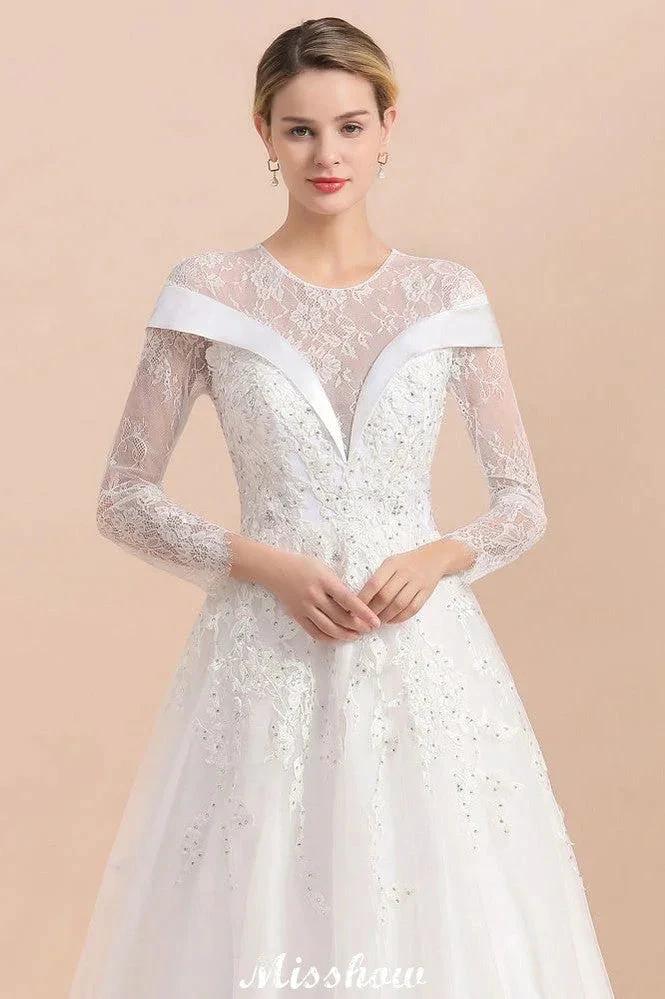 Modest White Beaded Appliques Wedding Dress Long Sleeve Floor Length Ball Gown by misshow.com