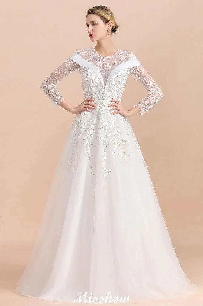 Modest White Beaded Appliques Wedding Dress Long Sleeve Floor Length Ball Gown by misshow.com