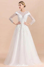 Modest White Beaded Appliques Wedding Dress Long Sleeve Floor Length Ball Gown by misshow.com