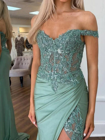 Modestia | Vestido de fiesta verde de corte sirena con hombros descubiertos y apliques y abertura