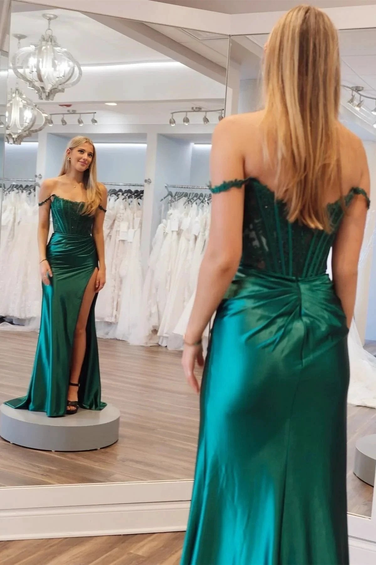 Moonlit | Emerald Satin Off-the-Shoulder Mermaid Long Formal Dress with Slit by KissProm