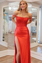Moonlit | Emerald Satin Off-the-Shoulder Mermaid Long Formal Dress with Slit by KissProm