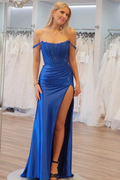 Moonlit | Emerald Satin Off-the-Shoulder Mermaid Long Formal Dress with Slit by KissProm