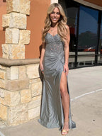 Moore | Mermaid Grey Strapless Long Pleated Prom Dress with Embroidered Lace by KissProm
