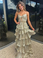Murray | Sweetheart Spaghetti Straps Tiered A-Line Metallic Prom Dress by KissProm