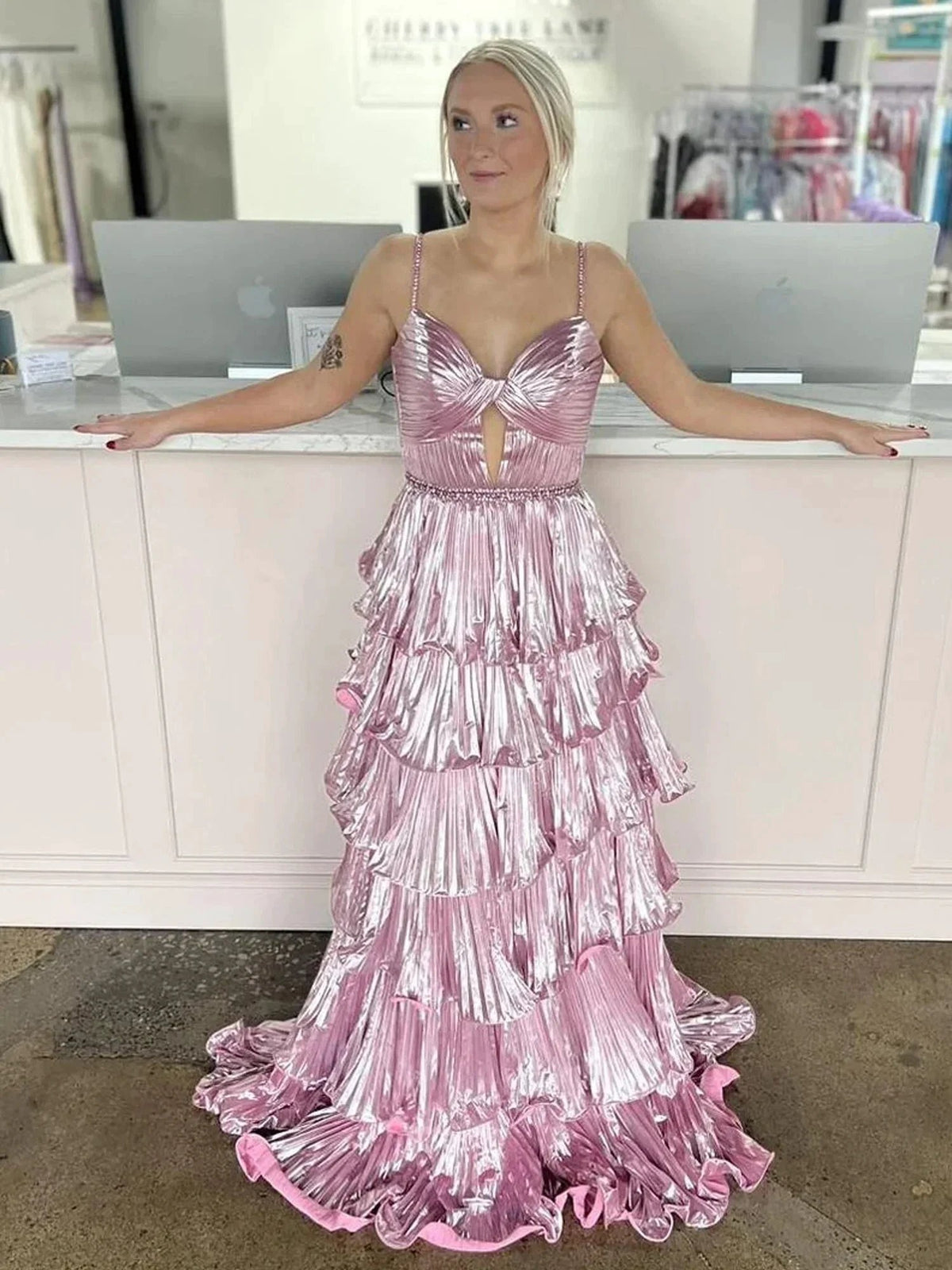 Murray | Sweetheart Spaghetti Straps Tiered A-Line Metallic Prom Dress by KissProm