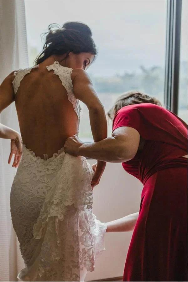 White Halter Lace Sweep Train Beach Wedding Dresses Appliques Wedding Gown MW161 by musebridals