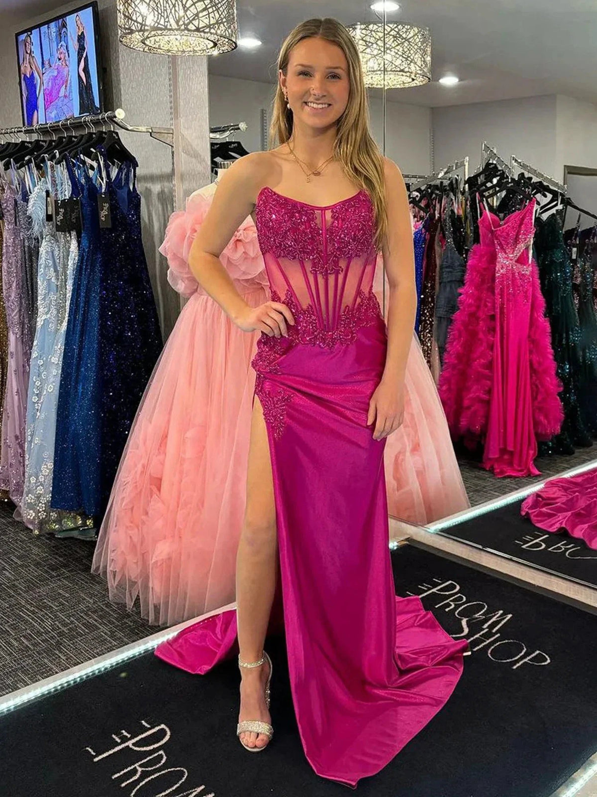 Myki | Fuchsia Strapless Satin Mermaid Long Prom Dresses with Slit by KissProm