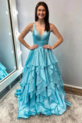 Nacre | Aqua Blue Hot Stone Multi-Layer Ruffle Long Prom Dress by KissProm