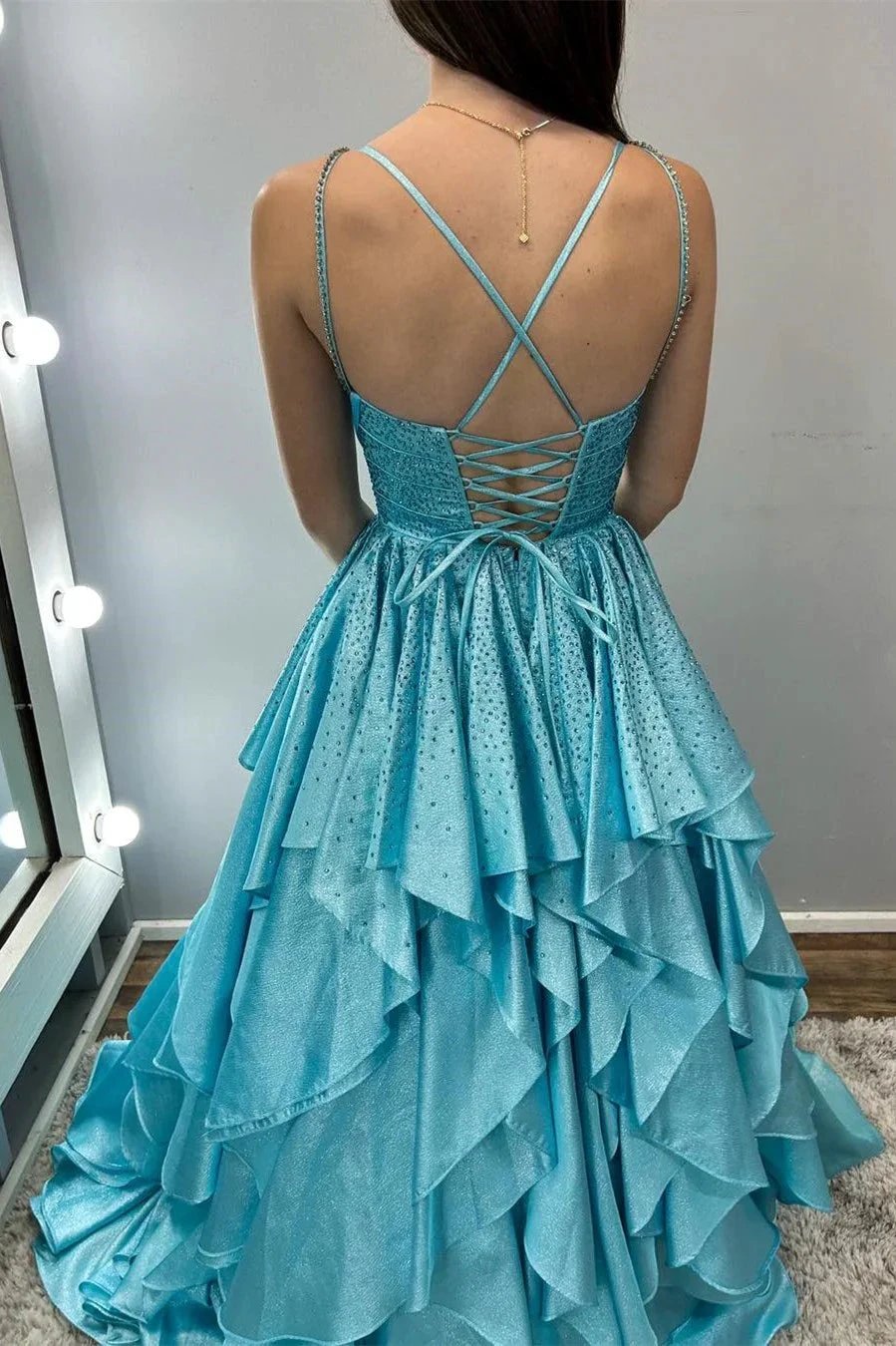 Nacre | Aqua Blue Hot Stone Multi-Layer Ruffle Long Prom Dress by KissProm