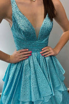 Nacre | Aqua Blue Hot Stone Multi-Layer Ruffle Long Prom Dress by KissProm