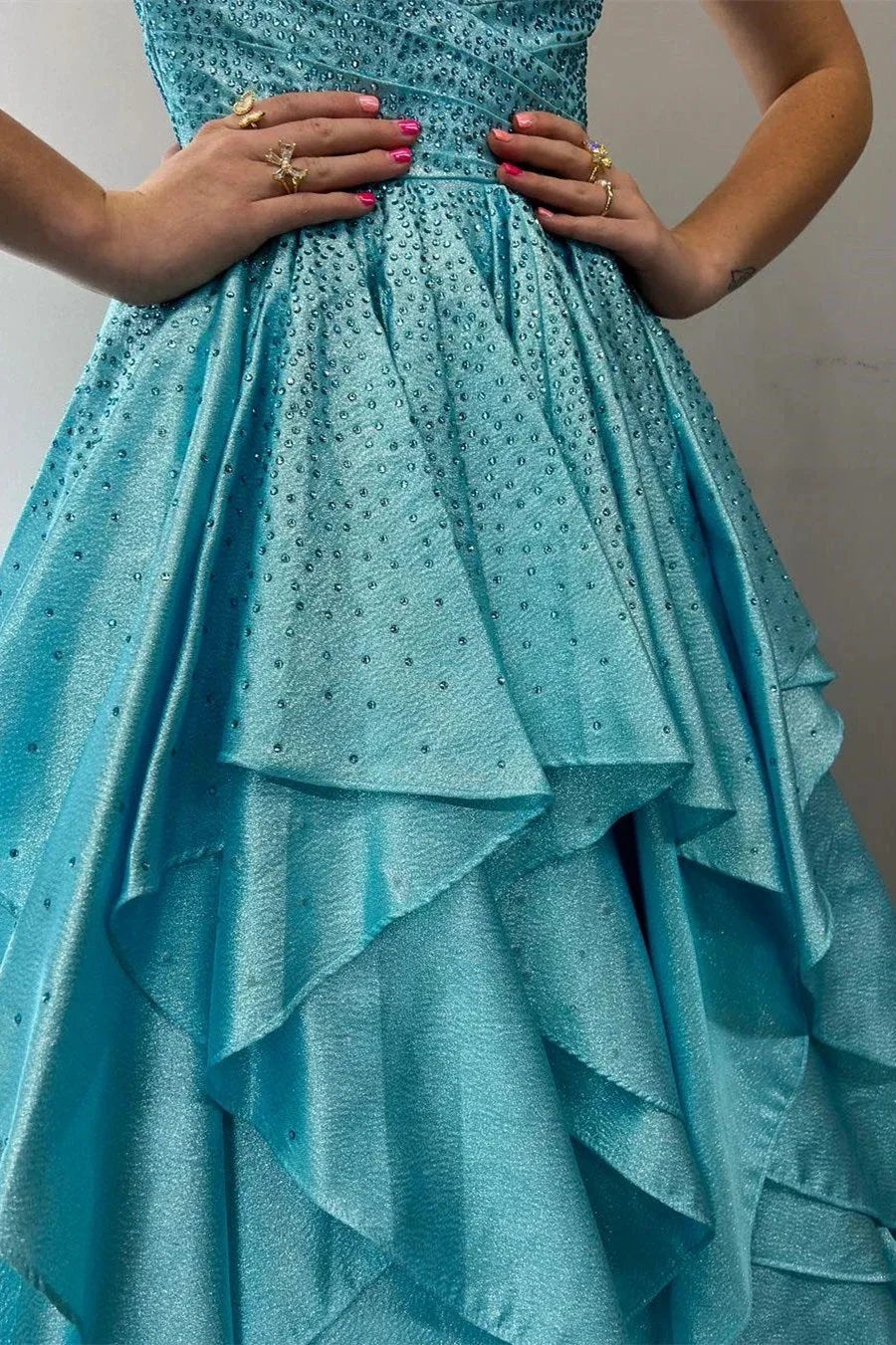 Nacre | Aqua Blue Hot Stone Multi-Layer Ruffle Long Prom Dress by KissProm
