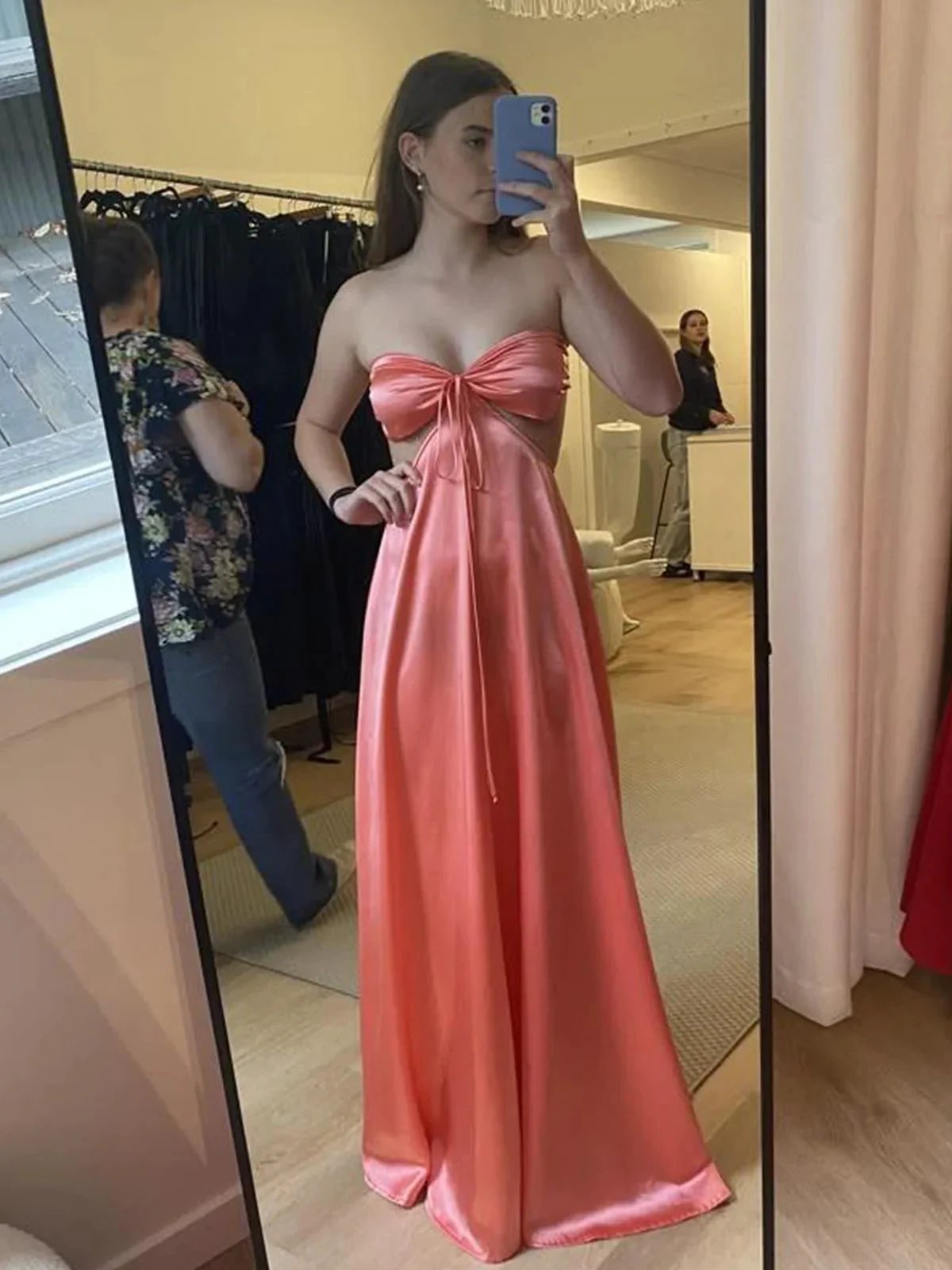 Nadine | PInk Strapless Back Tie Satin A-line Prom Dress by KissProm