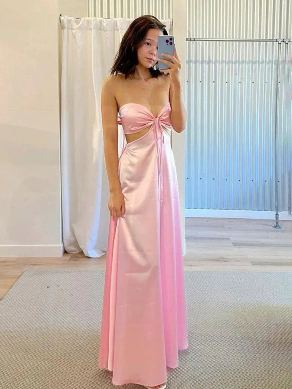 Nadine | PInk Strapless Back Tie Satin A-line Prom Dress by KissProm