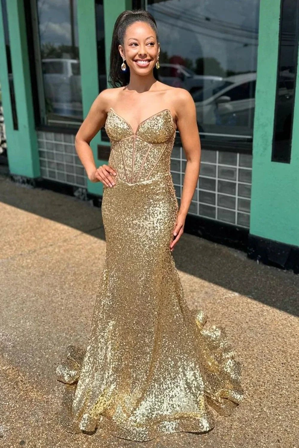 Nadir | Gold Strapless Mermaid Sequins Long Prom Dress by KissProm