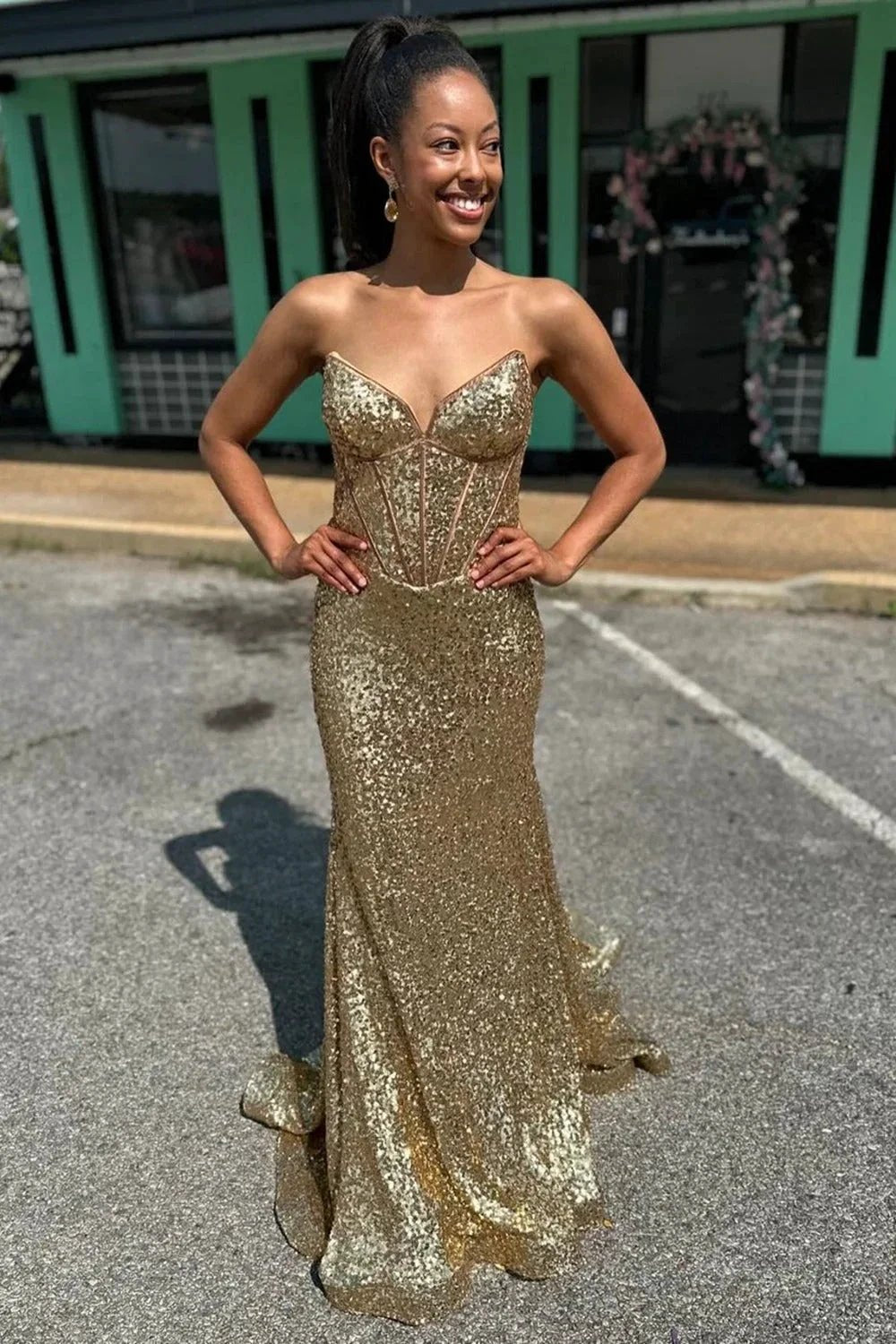 Nadir | Gold Strapless Mermaid Sequins Long Prom Dress by KissProm