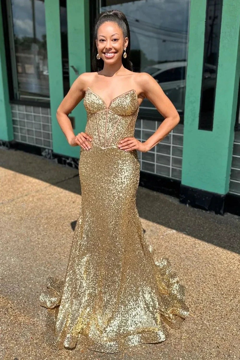 Nadir | Gold Strapless Mermaid Sequins Long Prom Dress by KissProm