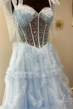Nalda | Blue Spaghetti Straps Sequins Tulle A Line Prom Dress by KissProm