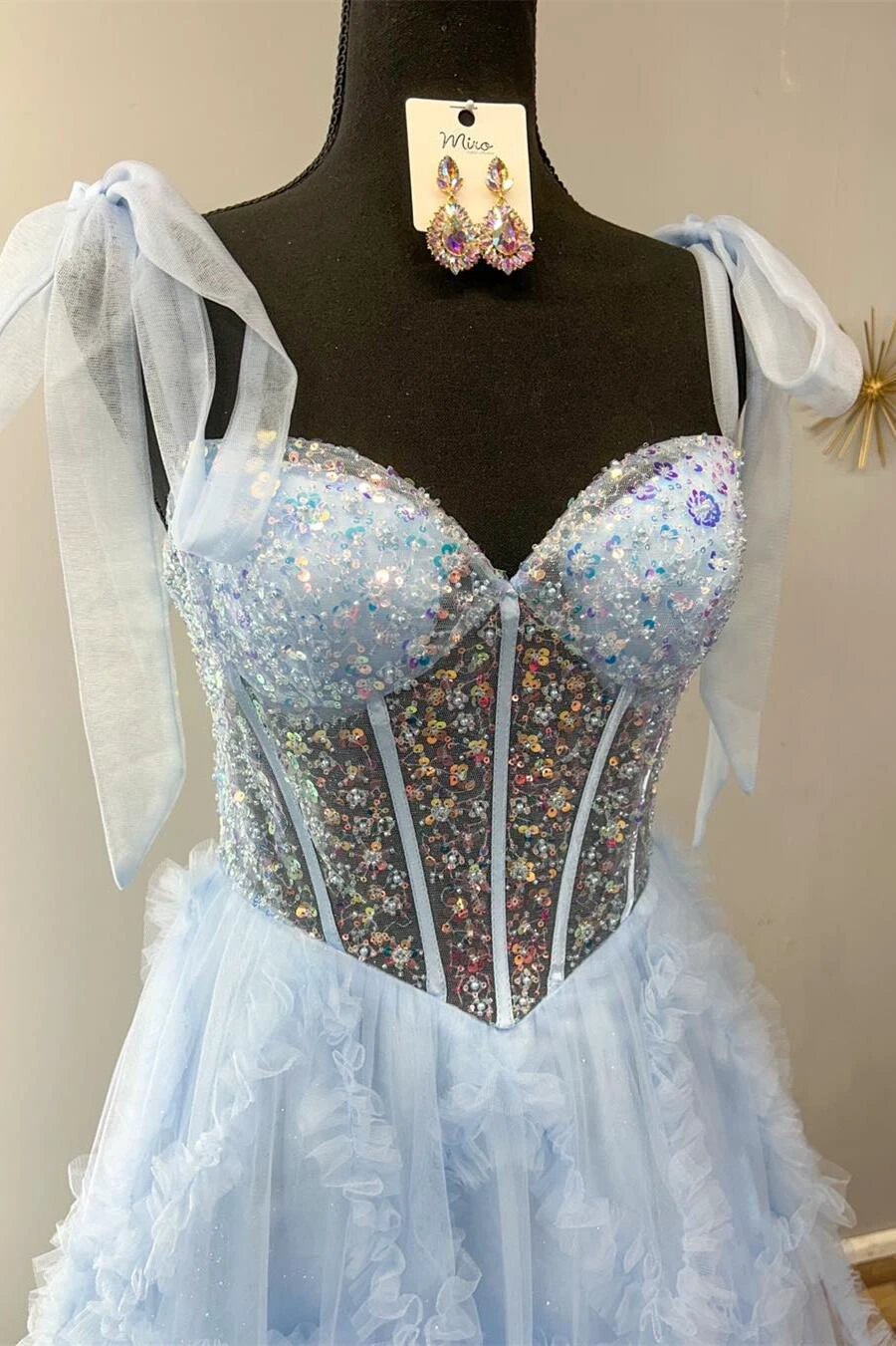 Nalda | Blue Spaghetti Straps Sequins Tulle A Line Prom Dress by KissProm