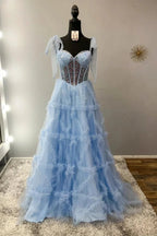 Nalda | Blue Spaghetti Straps Sequins Tulle A Line Prom Dress by KissProm