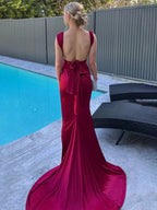 Nanala | Burgundy Mermaid Straps Satin Pleated Long Prom Dress with Train by KissProm