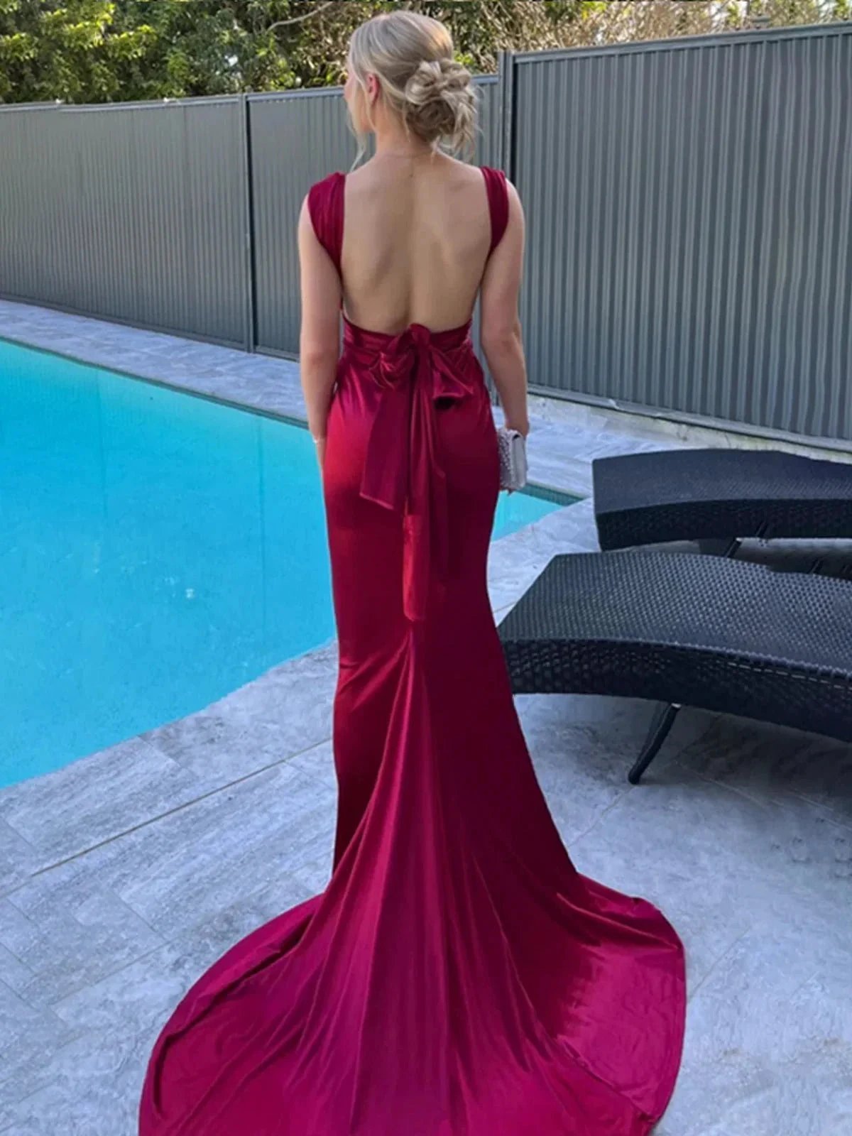 Nanala | Burgundy Mermaid Straps Satin Pleated Long Prom Dress with Train by KissProm