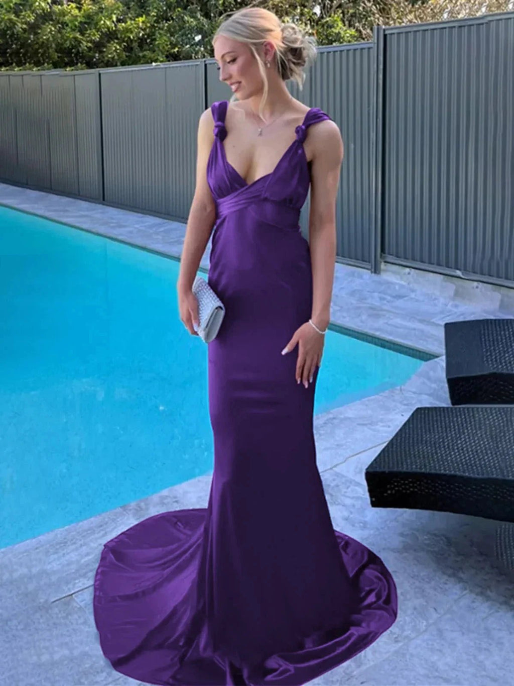 Nanala | Burgundy Mermaid Straps Satin Pleated Long Prom Dress with Train by KissProm