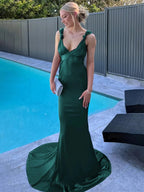Nanala | Burgundy Mermaid Straps Satin Pleated Long Prom Dress with Train by KissProm