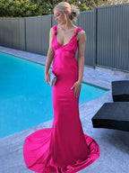 Nanala | Burgundy Mermaid Straps Satin Pleated Long Prom Dress with Train by KissProm