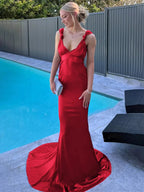 Nanala | Burgundy Mermaid Straps Satin Pleated Long Prom Dress with Train by KissProm