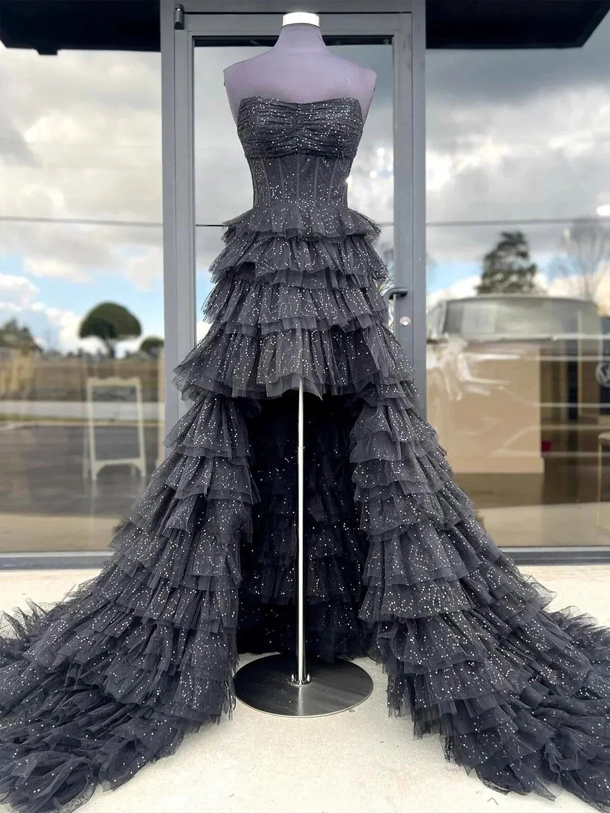 Nanette | Black Strapless High Low Ruffles Tulle Prom Dress by KissProm
