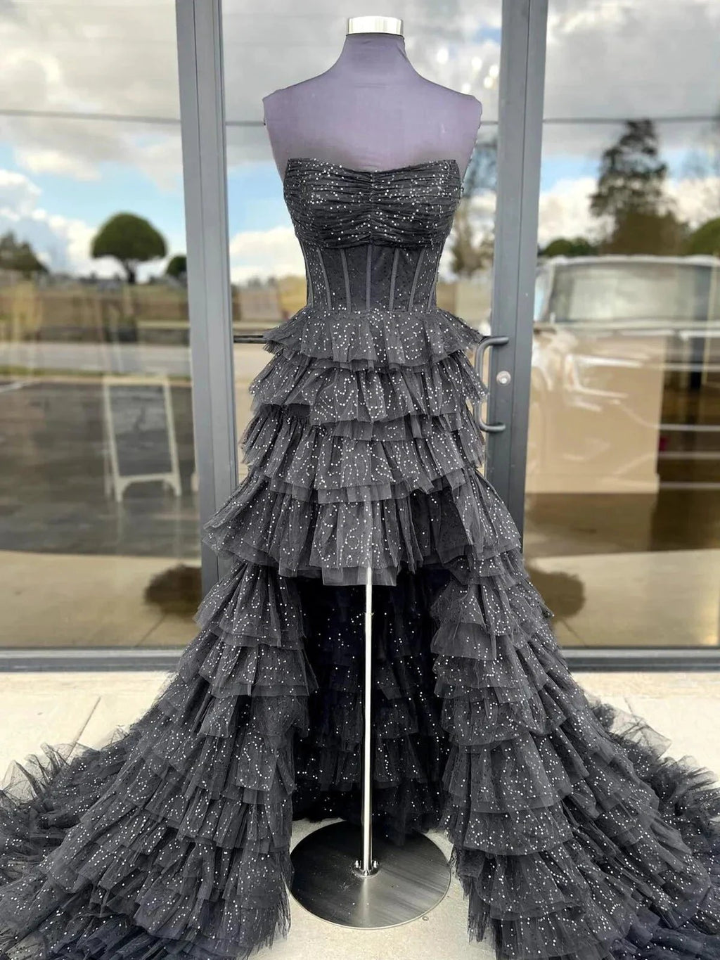 Nanette | Black Strapless High Low Ruffles Tulle Prom Dress by KissProm