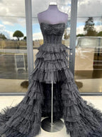 Nanette | Black Strapless High Low Ruffles Tulle Prom Dress by KissProm