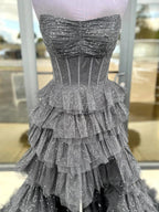 Nanette | Black Strapless High Low Ruffles Tulle Prom Dress by KissProm