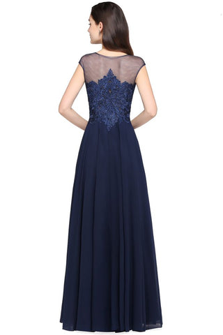 Marineblaues A-Linien-Ballkleid aus Chiffon mit U-Ausschnitt und Applikationen