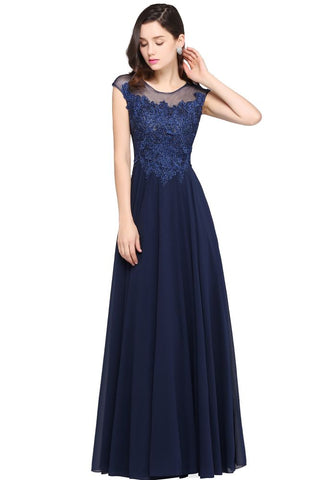 Marineblaues A-Linien-Ballkleid aus Chiffon mit U-Ausschnitt und Applikationen