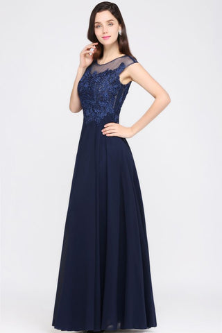 Marineblaues A-Linien-Ballkleid aus Chiffon mit U-Ausschnitt und Applikationen