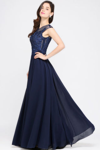Marineblaues A-Linien-Ballkleid aus Chiffon mit U-Ausschnitt und Applikationen